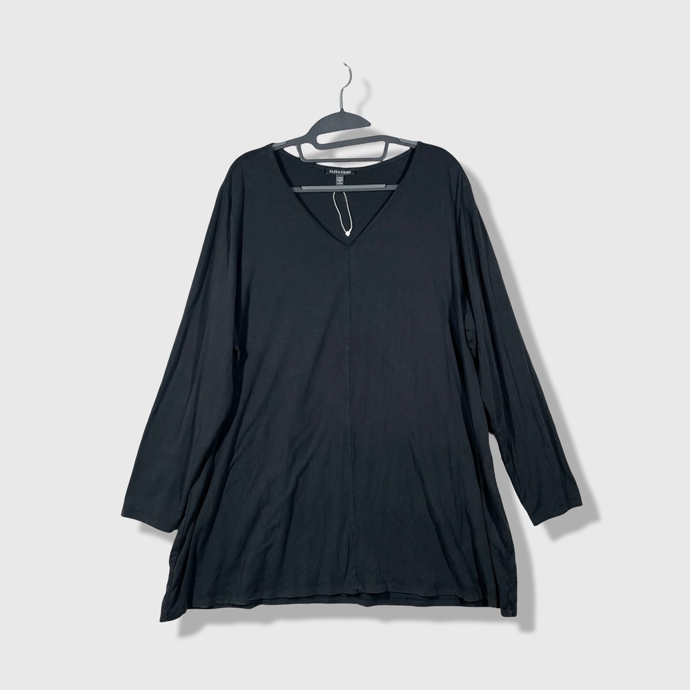 Eileen Fisher V-Neck Tunic Top Womens 1X Black Lyocell Tencel Minimalist Office